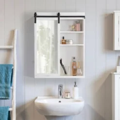 22" X 28" Wexton Decorative Farmhouse Wall Cabinet With Sliding Mirror Door White - Kate & Laurel All Things Decor -Umbra Home Decor Shop GUEST c52c9803 79a6 4825 ae02 20a55bef7575