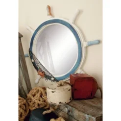 Wood Sail Boat Ship Wheel Wall Mirror With Netting Accent White - Olivia & May