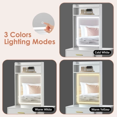 DOMETOUR Small Vanity Desk With Mirror, Light, Charging Station & Hidden Stool, Compact Makeup Vanity Set For Small Space, White 5 DOMETOUR Small Vanity Desk With Mirror, Light, Charging Station & Hidden Stool, Compact Makeup Vanity Set For Small Space, White - Image 5