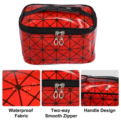 Unique Bargains Rhombus Pattern Red Makeup Bag With Mirror Cosmetic Travel Bag For Women 1 Pcs 2 Unique Bargains Rhombus Pattern Red Makeup Bag With Mirror Cosmetic Travel Bag For Women 1 Pcs - Image 2