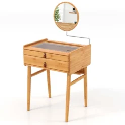 Costway Makeup Vanity Table With Adjustable Mirror Bamboo Dressing Table 2 Drawers