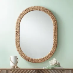 Noble Park Tioga Oval Vanity Wall Mirror Modern Natural Woven Rattan Frame 26 1/2" Wide For Bathroom Bedroom Living Room House Office Home Entryway