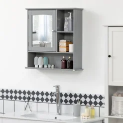 Kleankin Wall-Mounted Bathroom Mirror Cabinet Organizer With Storage, Adjustable Shelf, And Magnetic Door Design, Grey