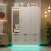PAKASEPT 47"Wide White Armoire Wardrobe Closet With 3 Door, Mirror, LED Lights, Hanging Rod And 6 Drawers