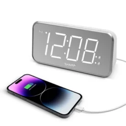 AccuSet Jumbo Mirror Display Alarm Clock White - Sharp: Modern Bedside LED Clock With USB Port