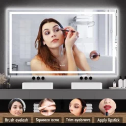 Whizmax LED Bathroom Mirror Wall-Mounted Vanity Mirrors Stepless Dimmable Wall Mirrors With Anti-Fog, Backlit + Front Lit, Tempered Glass