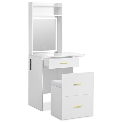 DOMETOUR Small Vanity Desk With Mirror, Light, Charging Station & Hidden Stool, Compact Makeup Vanity Set For Small Space, White 15 DOMETOUR Small Vanity Desk With Mirror, Light, Charging Station & Hidden Stool, Compact Makeup Vanity Set For Small Space, White - Image 15