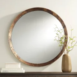 Uttermost Tortin Round Vanity Decorative Wall Mirror Rustic Hammered Jagged Metal Frame 34" Wide For Bathroom Bedroom Living Room Office Home Entryway