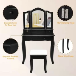 Costway Vanity Makeup Dressing Table Set W/Stool 4 Drawer&Mirror Jewelry Wood Desk Black -Umbra Home Decor Shop GUEST db63acb7 9f60 4e96 9f19 4db3fc6ece25