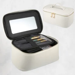 Unique Bargains PU Leather Makeup Bag With Mirror 1 Pc