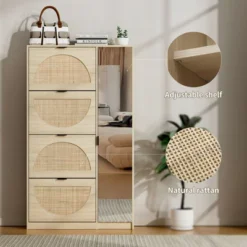 Ari 63.9" H Modern Space-Saving Shoe Rack Storage Cabinet With Rattan And Mirror Doors For 24 Pairs And 4 Flip Down Drawers -Maison Boucle -Umbra Home Decor Shop GUEST df1532dc 7d49 4661 a4e2 87540d34218c