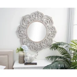 Farmhouse Wood Floral Carved Wall Mirror With Cutout Design White - Olivia & May