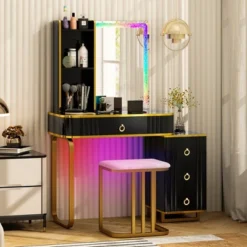 Costway Vanity Table Set With RGB LED Lights Crystal Crush Diamond Mirror Drawers Black/White -Umbra Home Decor Shop GUEST e69744e4 e4ca 4c68 8ad7 e74a3e8705d6