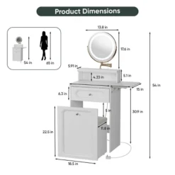TOBILI White Makeup Vanity Desk With Round Mirror And Lights, 2 In 1 Nightstand, Dressing Table With A Chair