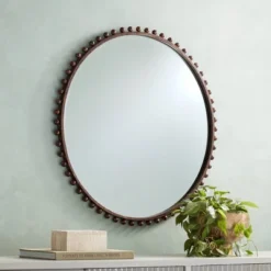 Uttermost Round Vanity Decorative Wall Mirror Rustic Beveled Glass Dark Bronze Beaded Iron Frame 32" Wide For Bathroom Living Room