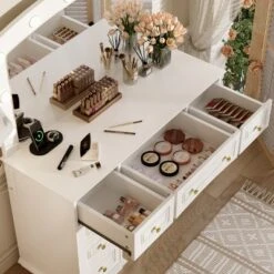 Makeup Vanity Desk Vanity Table Dressing Table With Cushioned Stool, 3-Mode Lighted Mirror, 9 Drawers & Charging Station, White - ModernLuxe -Umbra Home Decor Shop GUEST e976526d 8e77 4ae2 a338 548e0518db28