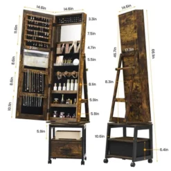 Garvee 360° Swivel Mirrored Jewelry Cabinet, Full Length Mirror With Jewelry Storage And Floor Standing Lock, Built In Makeup Mirror