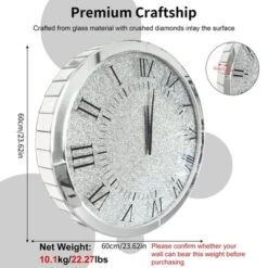 Sparkly Wall Clock Mirror Crushed Diamond Silver Crushed Crystal Filled 24x24 In