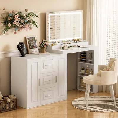 INFURNIC Dressers, Vanity Desk With Mirror And Adjustable Cabinet, Modern Makeup Table With 3 Drawers For Bedroom, White, 59.1"*15.4"*54.2" 1 INFURNIC Dressers, Vanity Desk With Mirror And Adjustable Cabinet, Modern Makeup Table With 3 Drawers For Bedroom, White, 59.1"*15.4"*54.2"