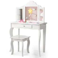 Costway Kid Vanity Table Set With Tri-folding Mirror 2-in-1 Makeup Dressing Table Stool Set