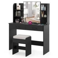 Costway Makeup Vanity Desk With Lighted Mirror Charging Station 3-Color Dimmable LED Lights White/Black