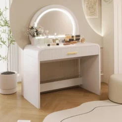 40"W Dressing Table Vanity Table Makeup Table With Touch Screen Lighted Mirror And Large Drawe, White-ModernLuxe