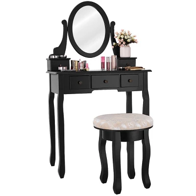 Costway Vanity Table Makeup Table Cushioned Mirror 5 Drawers Black 8 Costway Vanity Table Makeup Table Cushioned Mirror 5 Drawers Black - Image 8