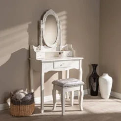 2pc Veronique White Finished Wood Vanity Table With Mirror And Ottoman White - Baxton Studio -Umbra Home Decor Shop GUEST f863a476 0be8 4088 944d 7ddd20db8cfa