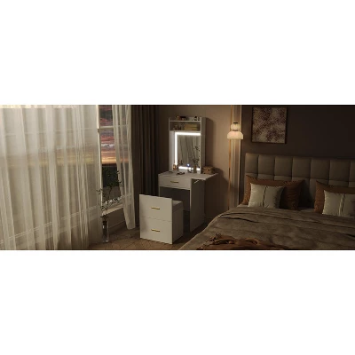DOMETOUR Small Vanity Desk With Mirror, Light, Charging Station & Hidden Stool, Compact Makeup Vanity Set For Small Space, White 7 DOMETOUR Small Vanity Desk With Mirror, Light, Charging Station & Hidden Stool, Compact Makeup Vanity Set For Small Space, White - Image 7