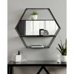 28" X 24" Lintz Hexagon Decorative Wall Mirror Shelf Black - Kate & Laurel All Things Decor -Umbra Home Decor Shop GUEST fb5ad378 1177 4f0b 900f 7707c846ac96