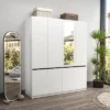 TIRAMISUBEST White 4-Door Wardrobe With Mirror - Freestanding Armoire Closet With 2 Hanging Rods For Bedroom Storage (74"H)