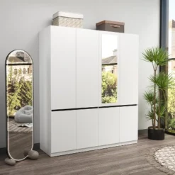 TIRAMISUBEST White 4-Door Wardrobe With Mirror - Freestanding Armoire Closet With 2 Hanging Rods For Bedroom Storage (74"H)